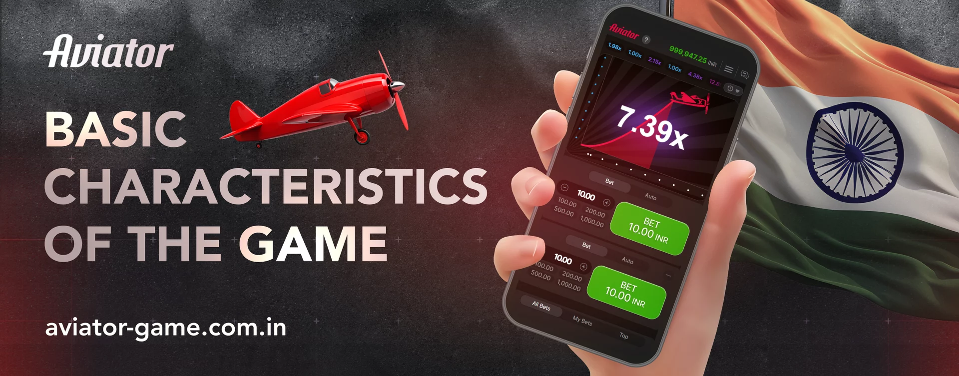 Aviator characteristics basic Aviator characteristics banner with phone in hand